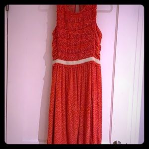 Coral Ruched Top Dress with Tiny Polka Dots